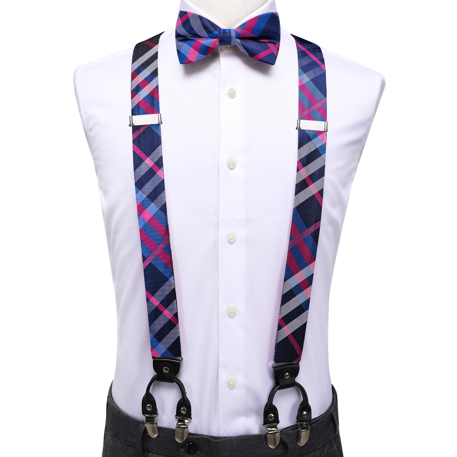 Laço dos homens roxo xadrez azul seda suspensor Bowtie, Hanky Cufflink, clipe ajustável na cinta para casamento, negócio, atacado