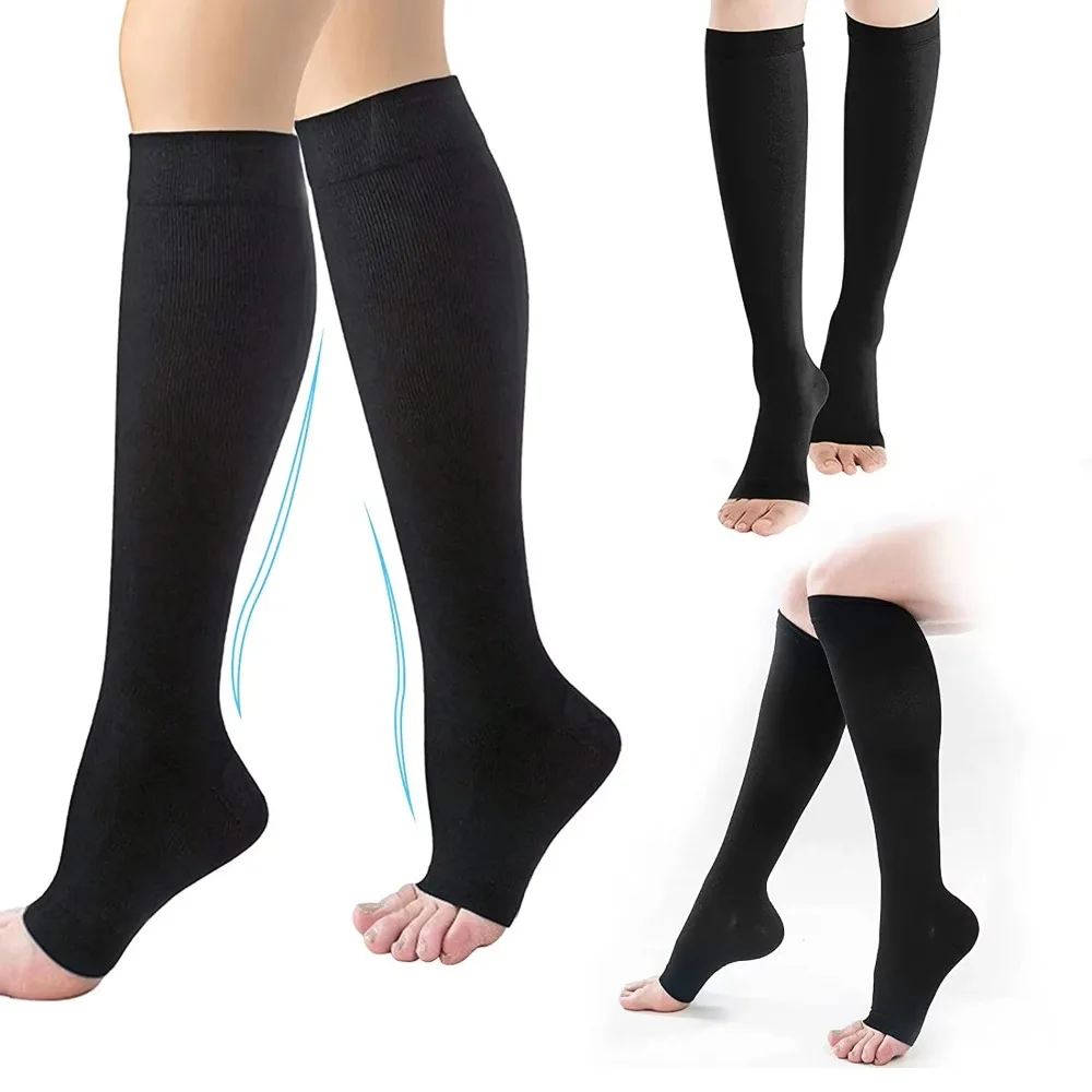 

20-30mmHg Calf Compression Sleeve Breathable 2 Levels Pressure Calves Compression Socks Open Toe Pressure Calf Socks