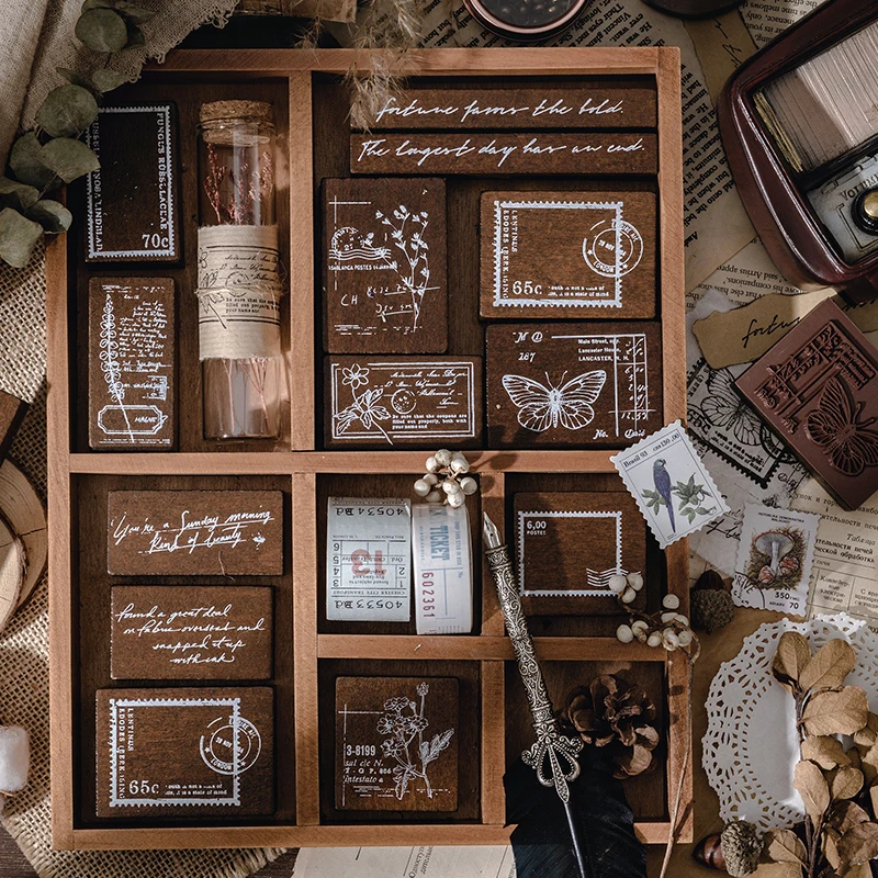 Sellos postales vintage para álbum de recortes, suministros decorativos para manualidades, sellos de madera para diario basura, planta, mariposa, flor, pasatiempo DIY