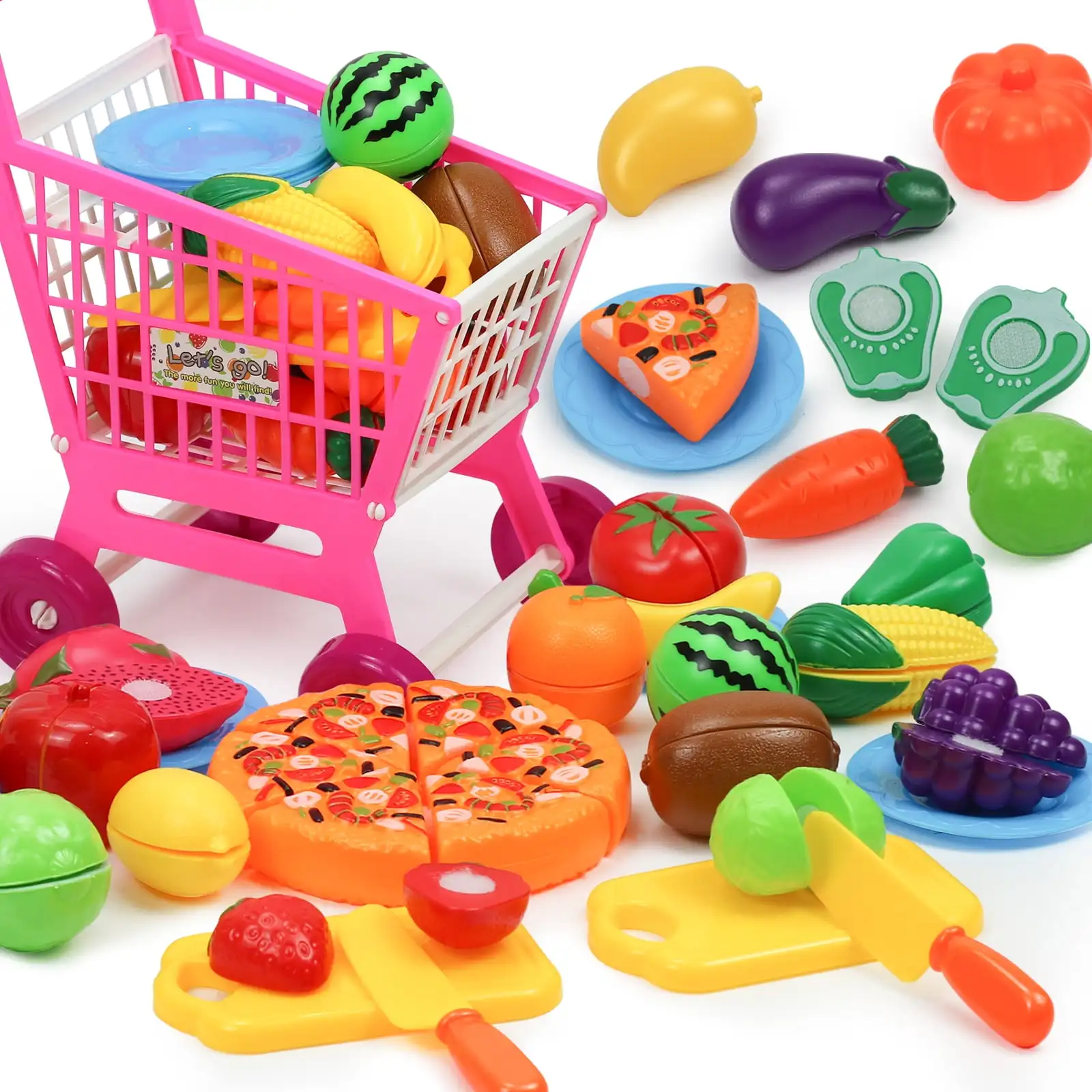

50pcs Pretend Play Food Toys,Plastic Cutting Food Toys for Kids Kitchen Toys Accessories with Storage Shopping Cart,Cutting Pizz