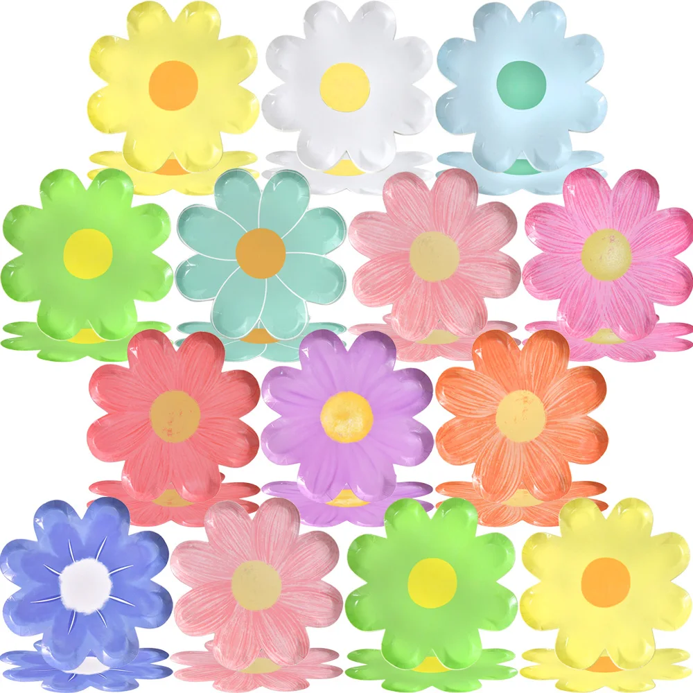 Assiettes à marguerites mignonnes de 7 pouces, assiettes en forme de fleur, assiettes Boho Hippie, assiettes à Dessert à fleurs pour décorations de fête d'anniversaire marguerite 10 pièces
