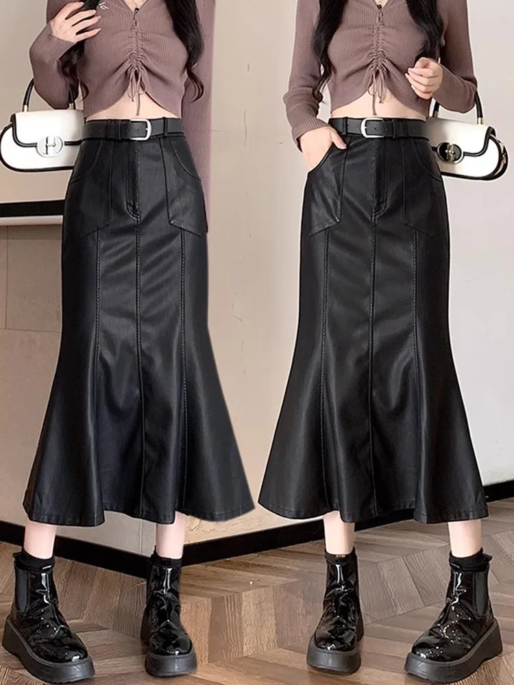

High Waist Mermaid Skirt Women New Arrival 2024 Autumn Korean Style PU Leather Elegant Slim Ladies Black Long Skirts