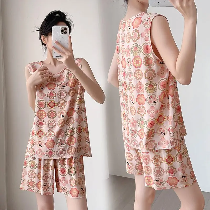 Summer Printed Women Pajamas Set for Women Tank Top + Shorts Cute Casual Set Home Clothes 2026 Thin Outside Homewear Sets