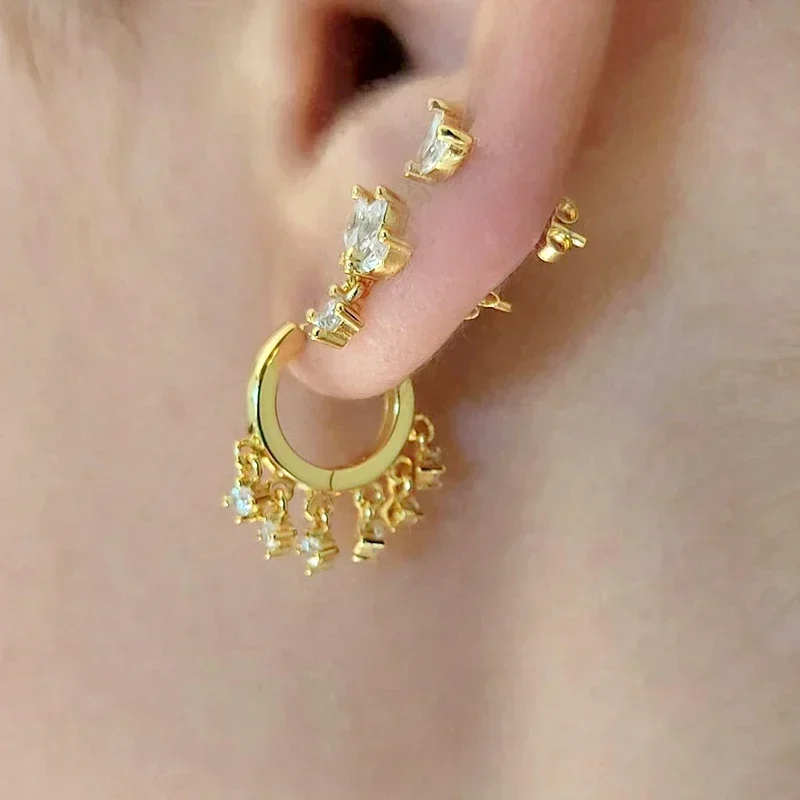 925 Sterling Silver Needle trendy Design Star/Round Pendant Hoop Earrings For Women Exquisite Tassel Gold Earrings 2024 Jewelry