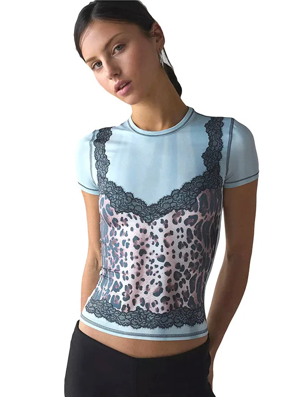 

American Sle Retro Leopard Print Slim Fit ort Sve T-irt Women Sexy Sle Fiber Milk Fabric Printed Thi Summer irt