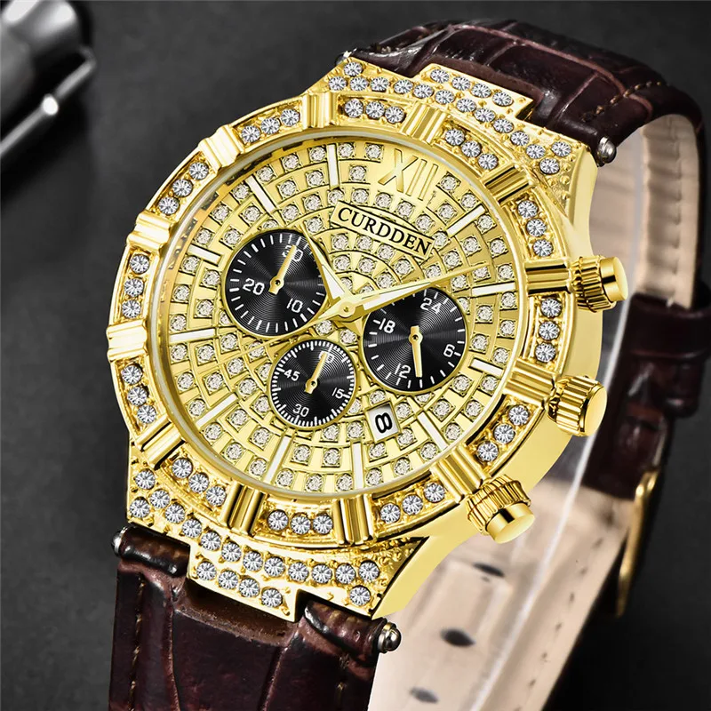 Men Original CURDDEN Brand Watches Students Fashion Leather Band Diamond Gold Date Quartz Wrist Watch Relogios Masculinos 2025