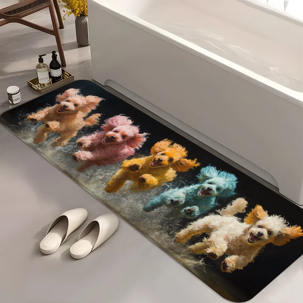 Vivid Rainbow Poodle Puppy Long Bathroom Runner Mat Anti Slip Water Absorbent Rug Pet Decor Carpet for Shower Kids Room Entrance