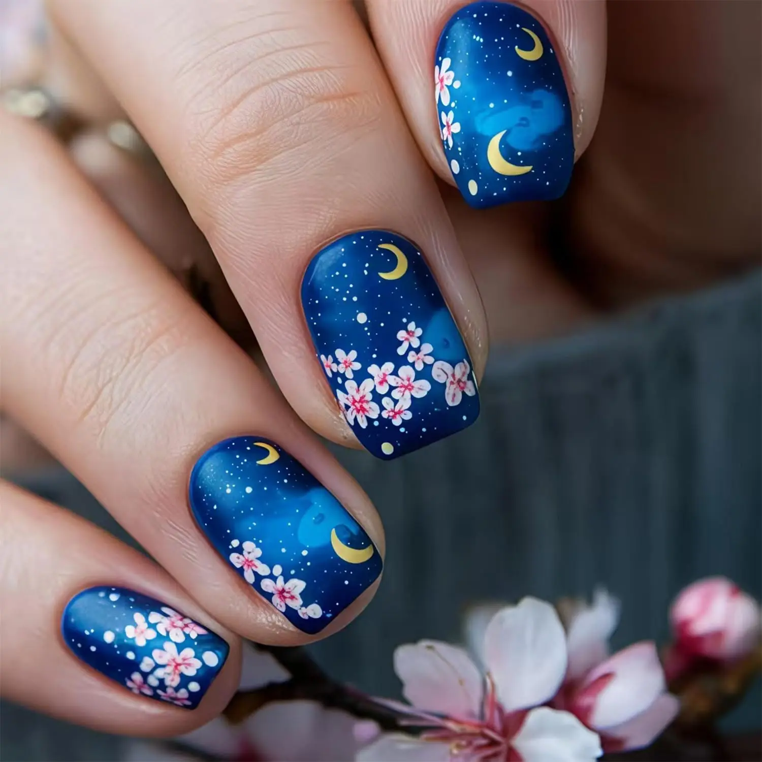

Blue Gradient Press on Nails Short Square Fake Nails Acrylic Cute Floral False Nails with Starry Sky Moon Design Glue on Nails