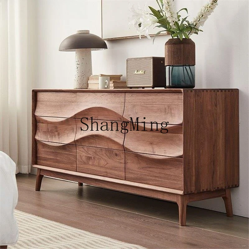 

CL Black Walnut Nine-Drawer Cabinet All Solid Wood Modern Minimalist Living Room Integrated Wall-Mounted Storage Cabinet