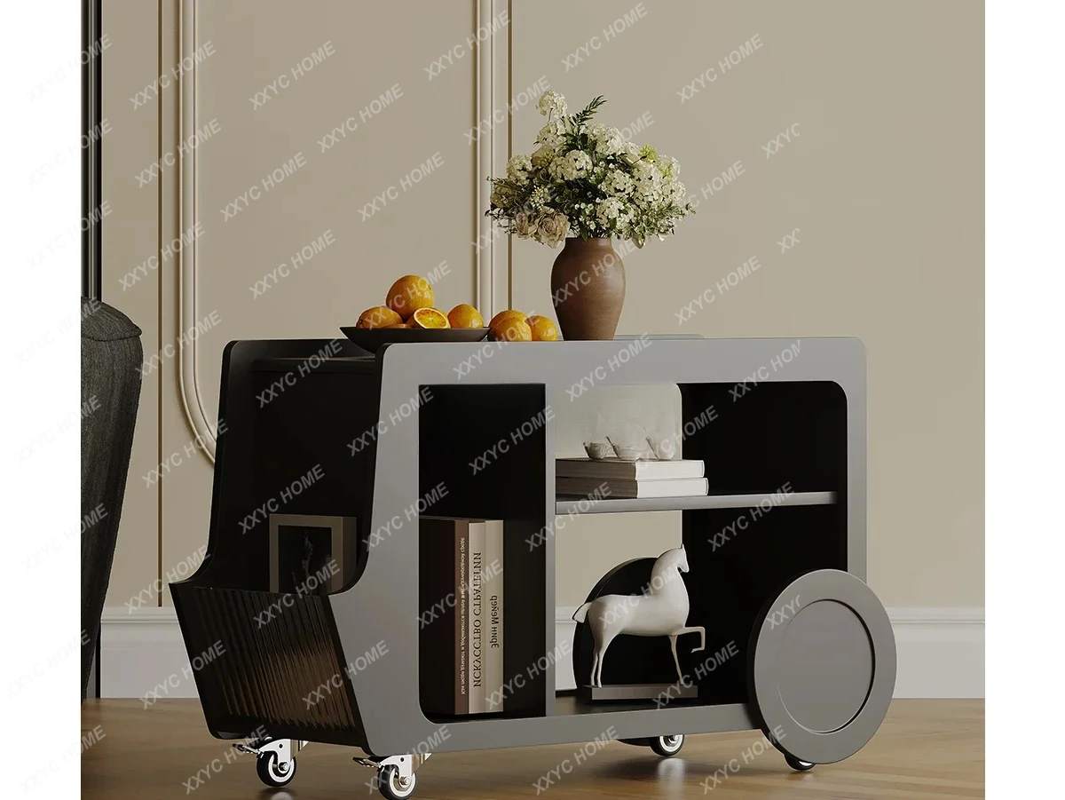 YX Wabi Sand Wind Black Wheeled Living Room Cart Side Table Movable Side Cabinet