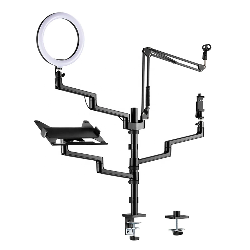 All In One Desk Mount Adjustable Studio Live Streaming Multi-Mount Microphone Mount Arm With LED Ring Light