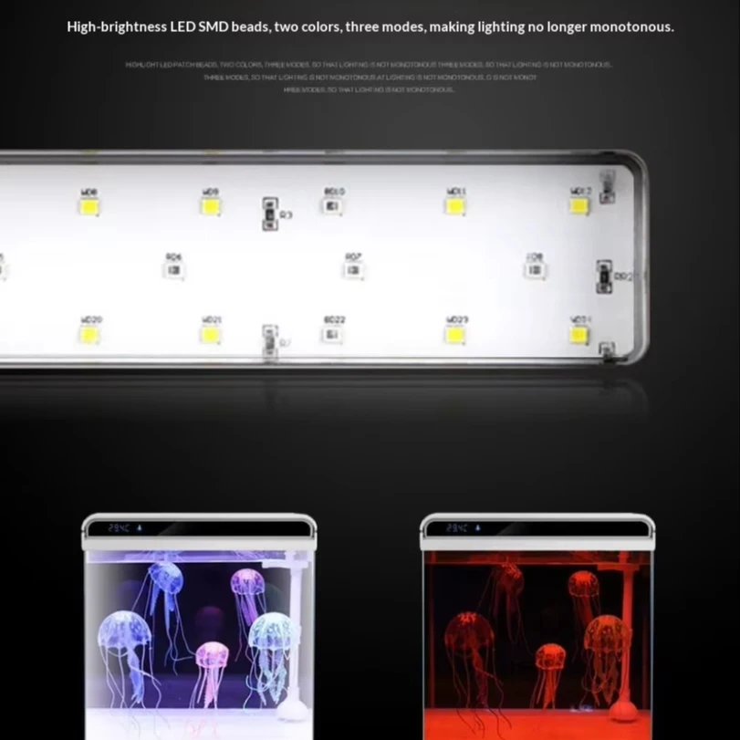 HE Rectangle Desktop Aquarium Intelligent Water Temp Display Color-Changing LED Ultra-Clear Glass Energy Saving
