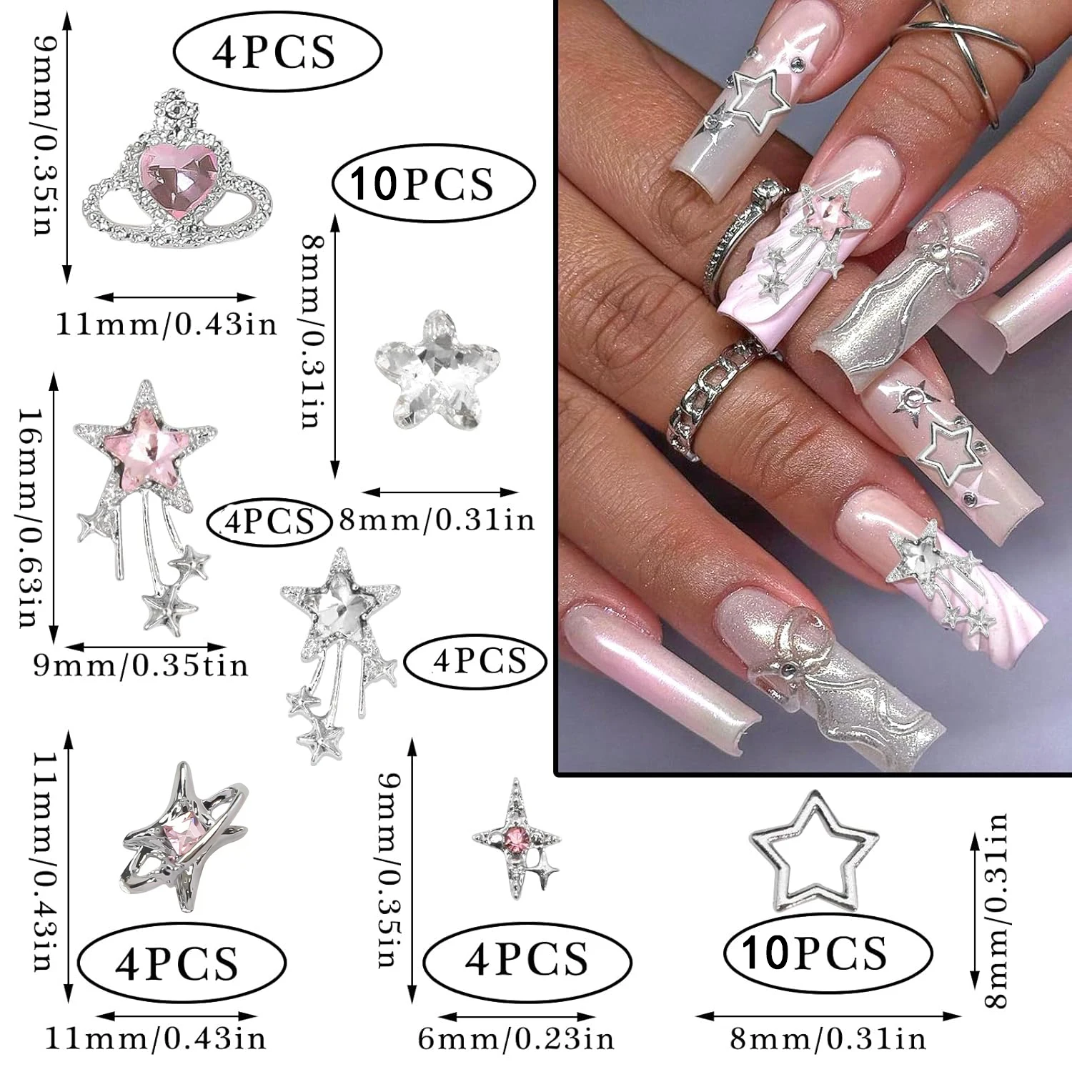 40PCS Star Nail Charms argento 3D Star Charms Pink Nail strass Multi Style Nail Art Jewelry ciondola stelle decorazione per unghie Y2K