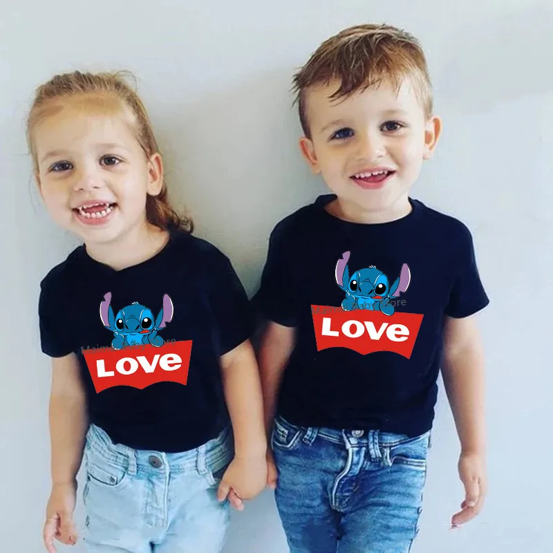 New Disney Stitch Love Print Family Matching Shirts Cotton Dad Mom Kids Tshirts Funny Look Disneyland Trip Outfits Clothes Gifts