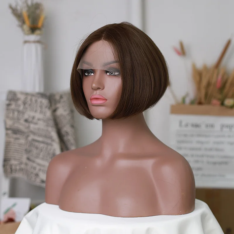 Peluca completa de estilo europeo y americano para mujer, recta, té de la leche, marrón, pelo Simple, moda, adelgazante facial, corto