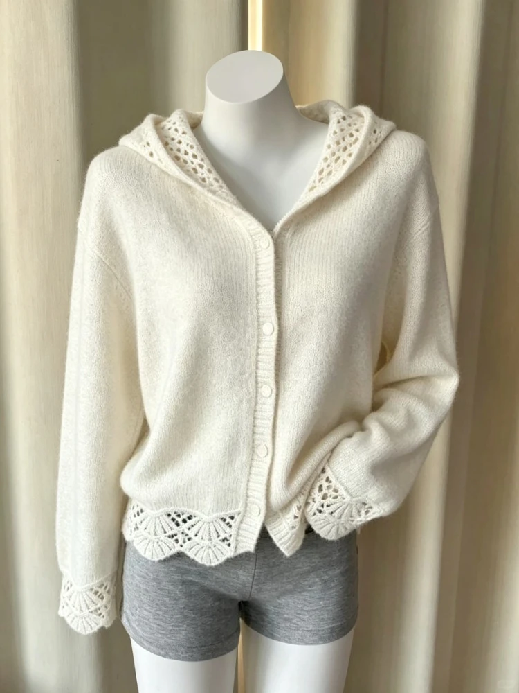 Ladies Y2K Aesthetic Sweet Elegant Knitted Sweater Harajuku Subculture Long Sleeve Chic Hooded Pullover Slim Solid Jumper