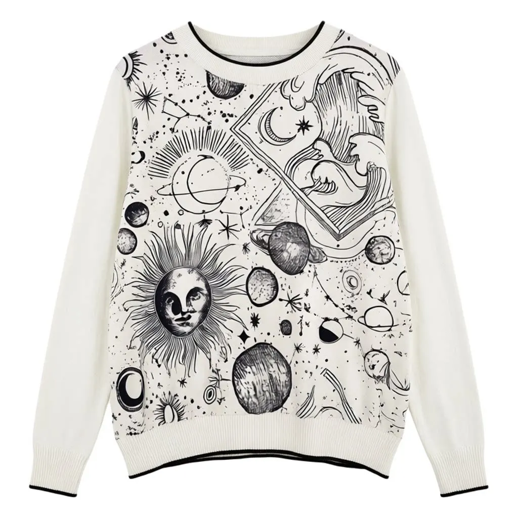 High Quality O Neck Long Sleeve T Shirts Women Knit Clothes Autumn French Style Brand Designer Starry Sky Printed Tops Female