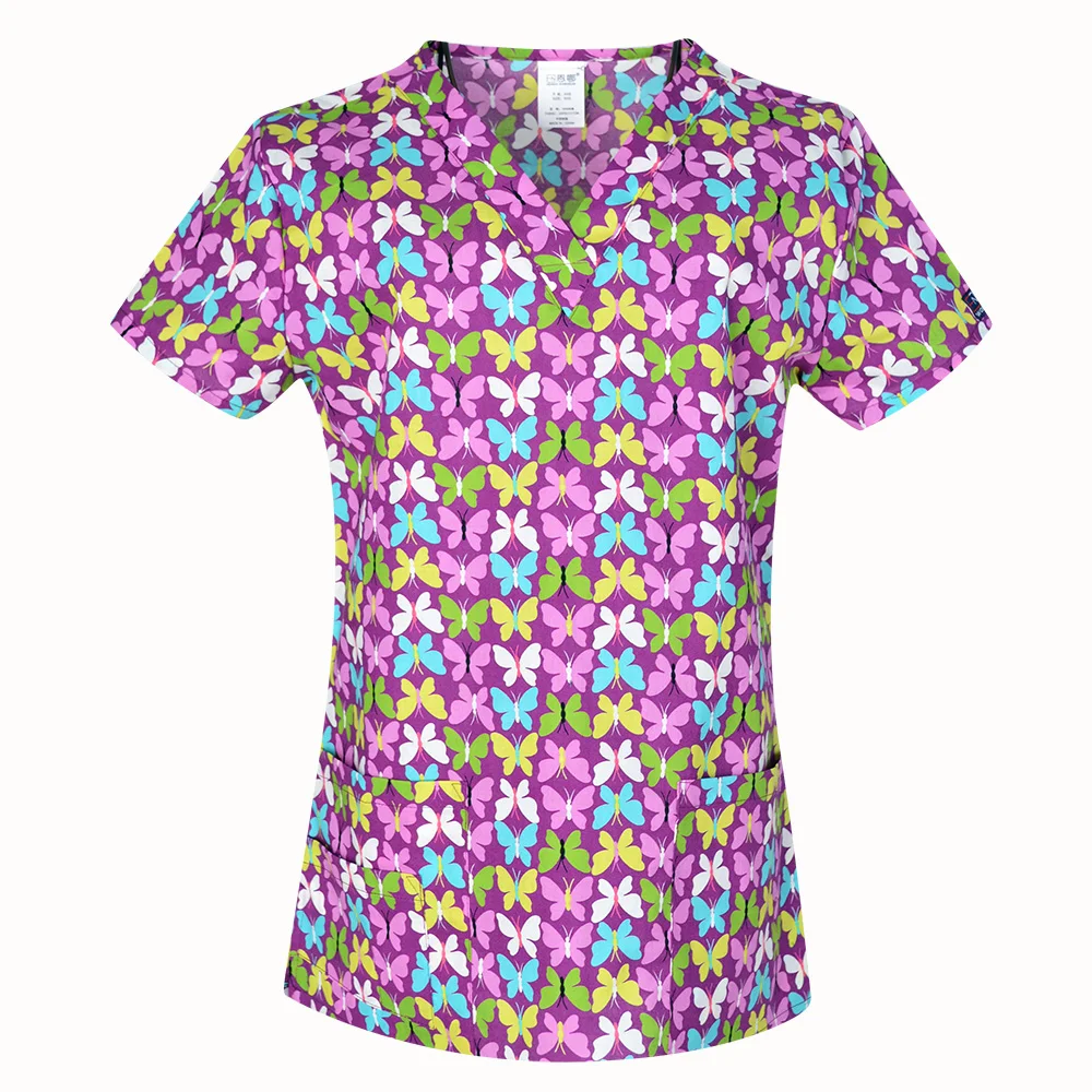 Uniforme de algodón 100% con estampado Hennar para mujer, Tops médicos XXS-5XL con 4 bolsillos