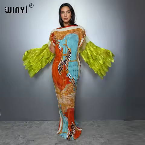 WINYI Elastic slim pleated dress beach wear boho kaftan abaya dubai luxury party dress long down muslim woman evening dress