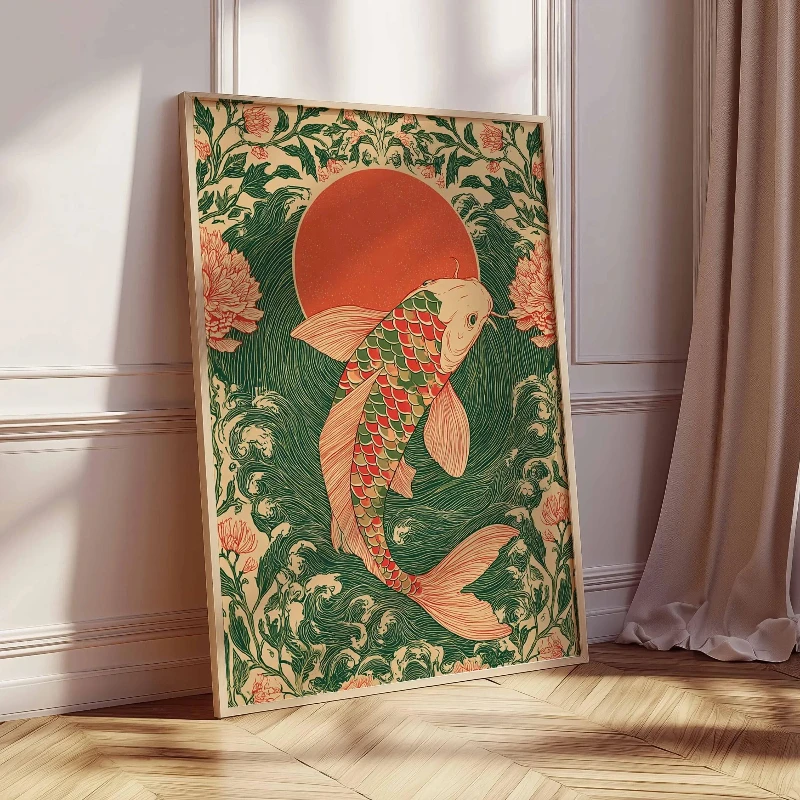 Japanese Koi Fish Poster, Vintage Style Wall Art Print Red Sun and Waves Oriental Art Decor for Zen Room Tattoo Inspired Artwork