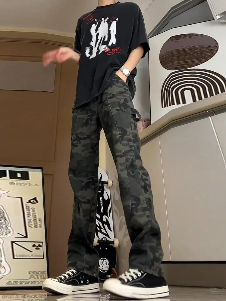 

American Retro Camouflage Work Pants Men's Trendy Brand High Street Vibe Logging Denim Slimming Micro-flared Jeans