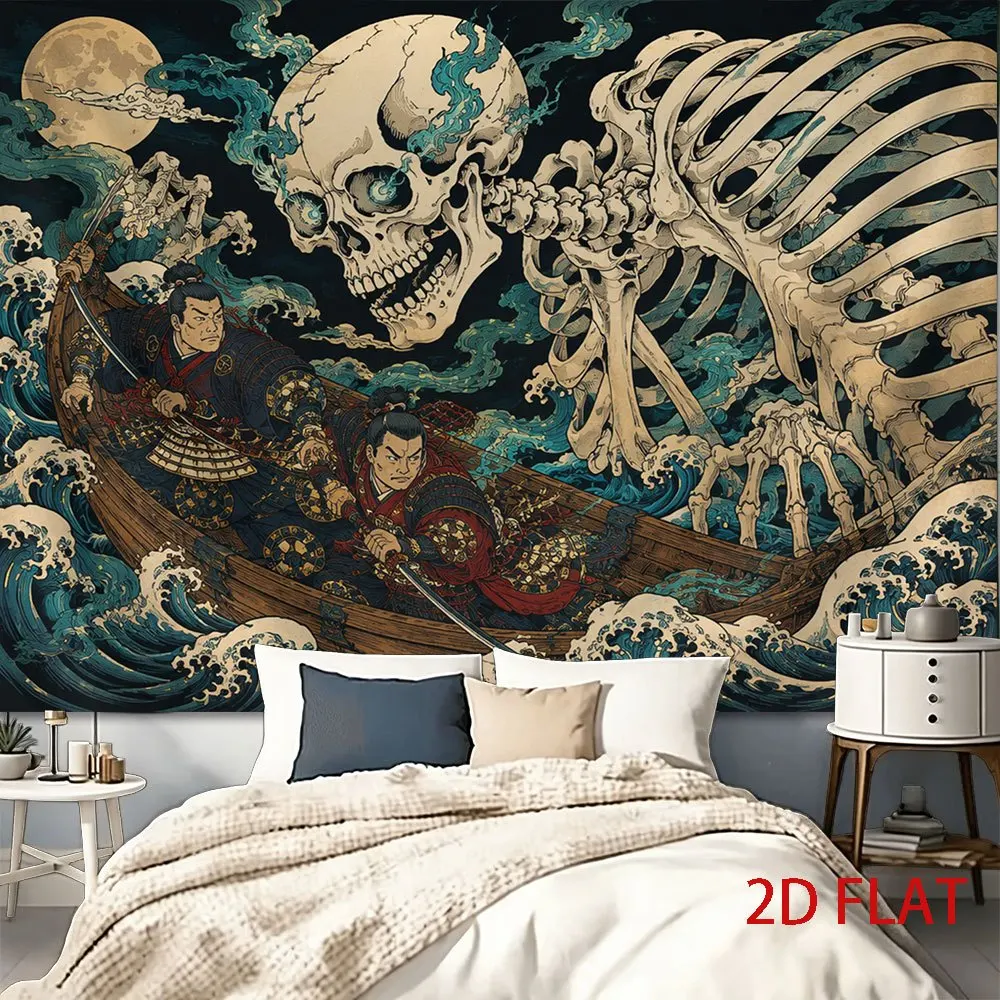 Japanese Wave Skeleton Samurai Tapestry, Classic Ukiyo-E Moon Sea Print,Retro Oriental Wall Hanging for Bedroom Dorm Decorations
