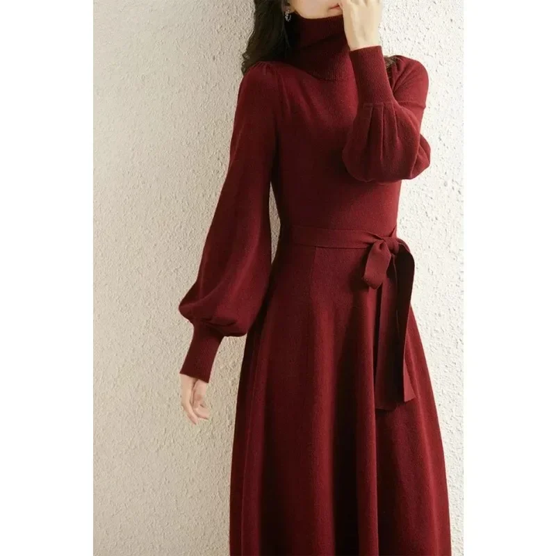 Korean Elegant Turtleneck Knitted Long Dress Lantern Sleeved Lace Up High Waist Straight Commuting Casual Winer Dresses Women