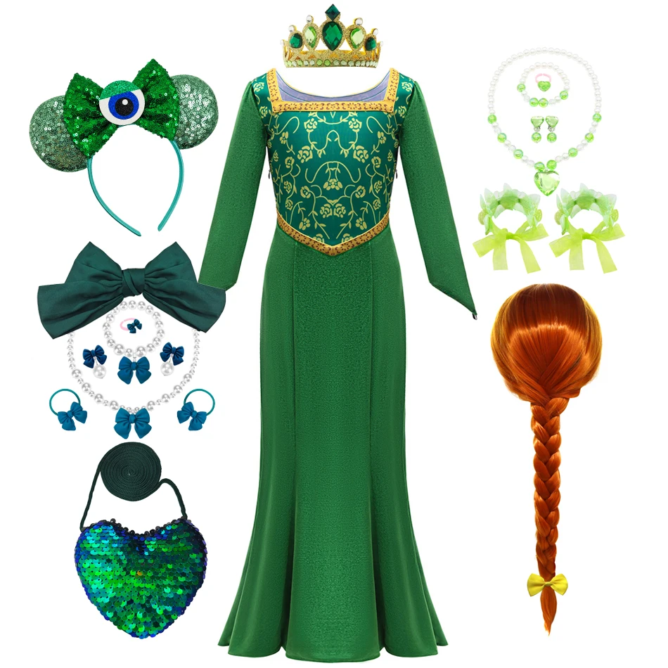 Girl Princess Fiona Cosplay Costume Dress Outfit Cartoon Green Square Collar Velvet Long Dress Kid Halloween Role Play