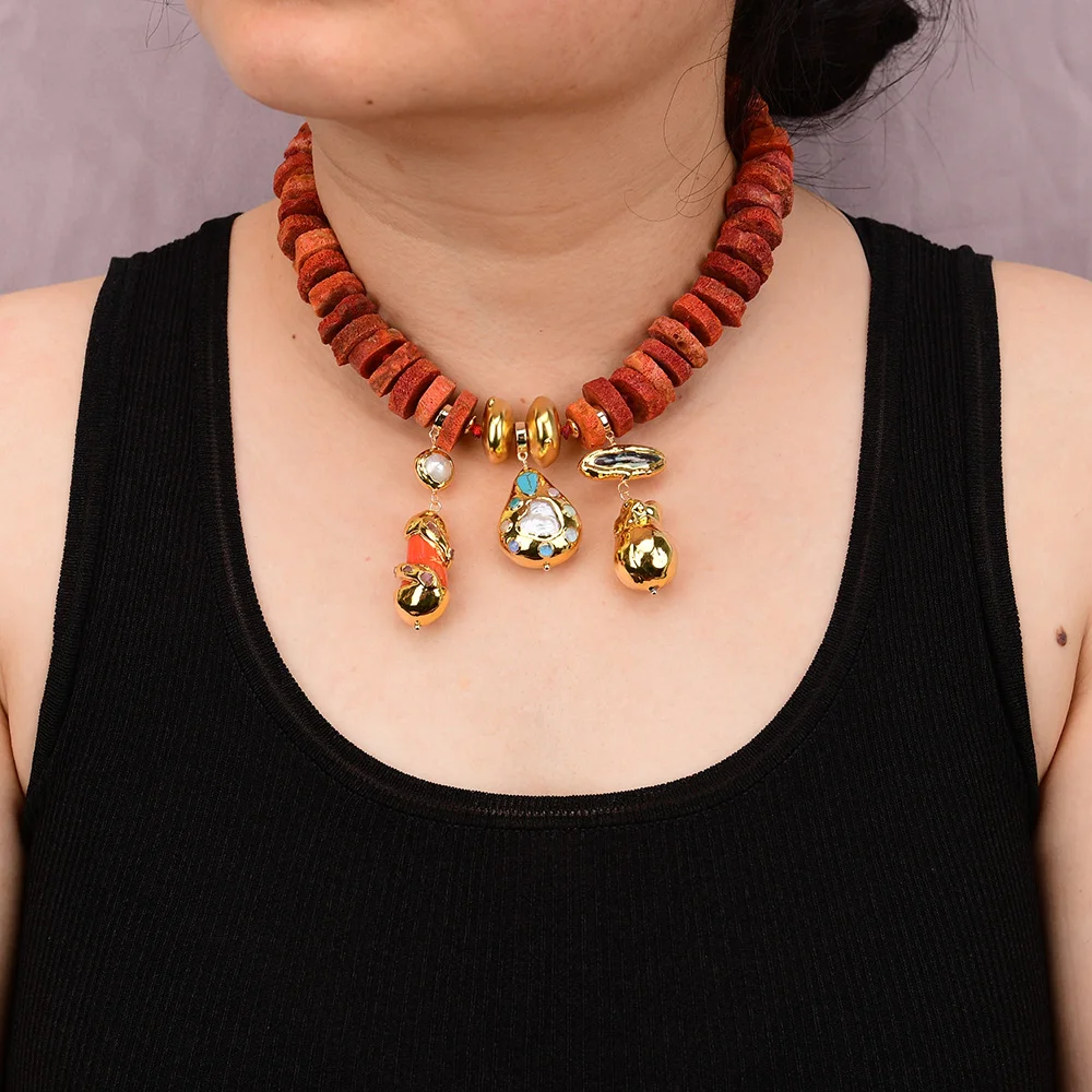 G-G 17'' Natural Red Orange Coral Bamboo Nugget Abacus Beads Choker Necklace Multi Pearl Gems Pendant