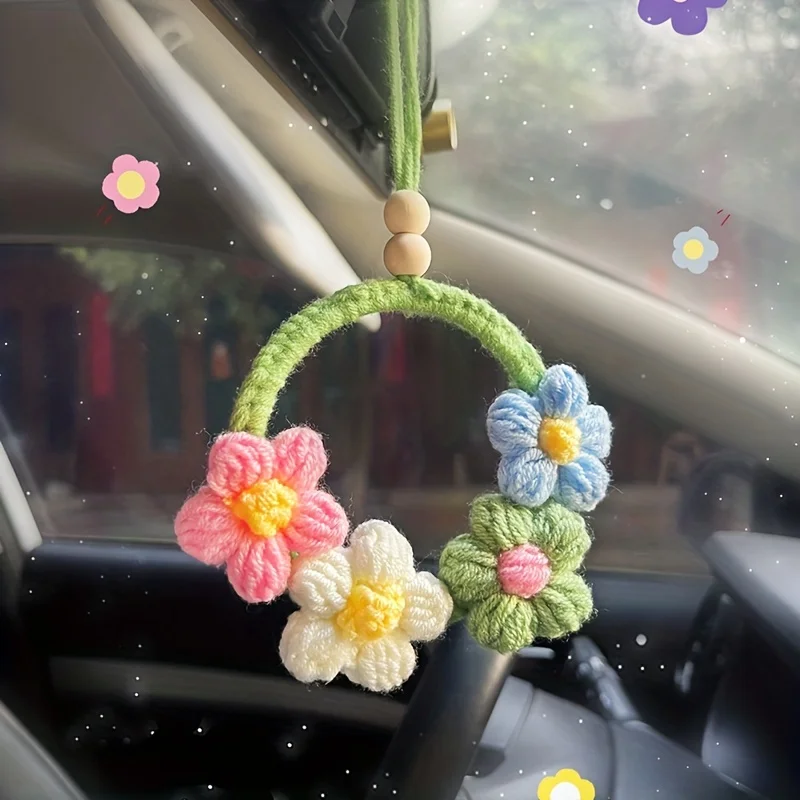 Hand-Woven Fabric Decorative Pendant | Blue Combination Yarn Hanging Ornament for Auto Rearview Mirror