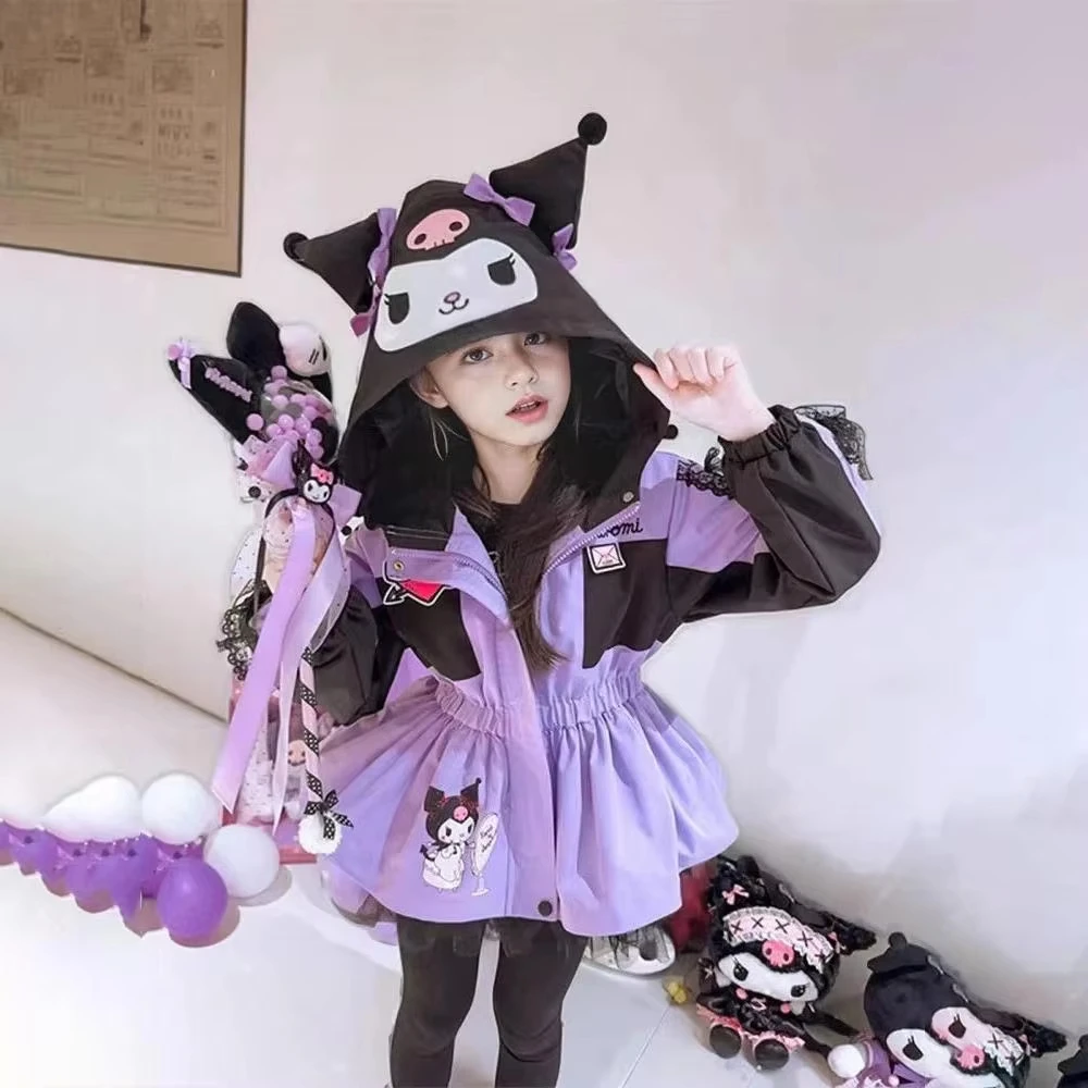 سترة كورومي كاواي للأطفال البنات لخريف جديد كارتوني سينامورول سترة مطرزة بقلنسوة للاستخدام الخارجي سترات خصر قابلة للسحب