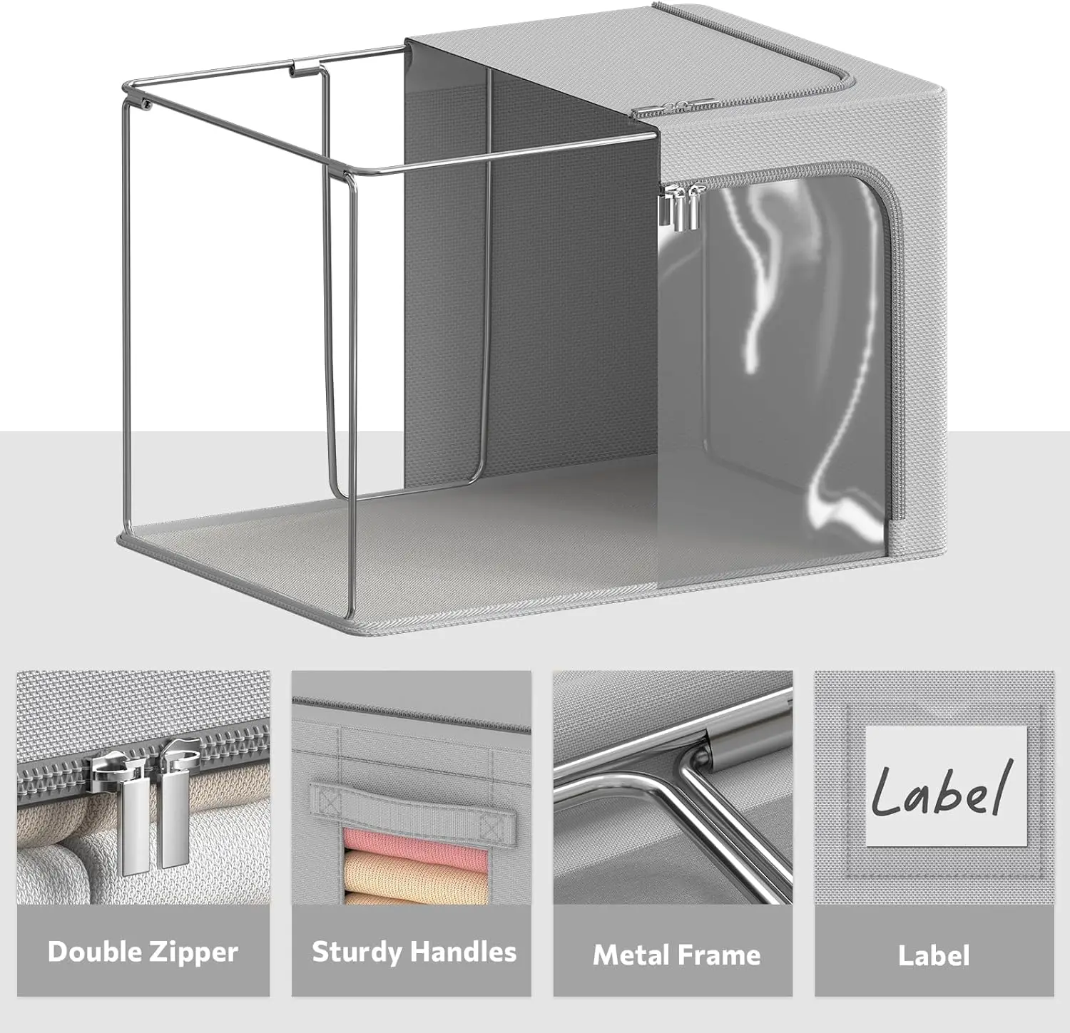 4 Pack Clothes Storage Bins - Oxford Fabric Metal Frame Storage Box - Foldable Stackable Container Organizer Set With Clear