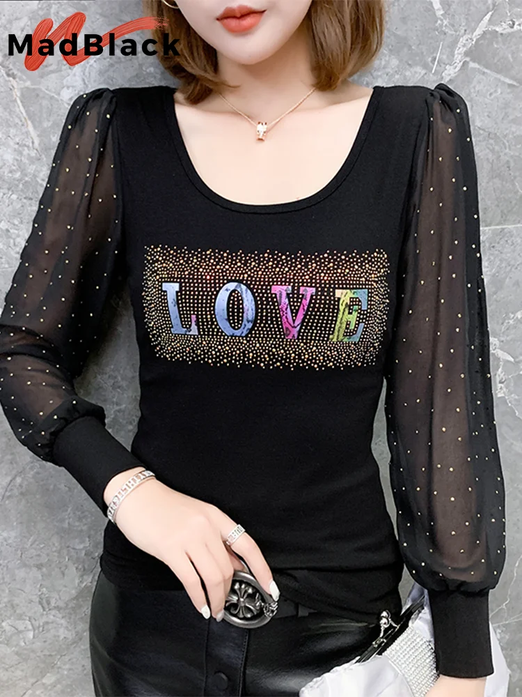 

MadBlack European Clothes Tshirts Women Sexy Round Collar Diamonds Letter Slim Mesh Tops Long Sleeve Basic Tees Autumn T37756JM