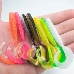 Plantilla de cola de pesca de 10 piezas, señuelos blandos de gusano Wobbler, cebo de silicona Artificial con olor a pescado y sal, Swimbait, carpa para Lucio, aparejos