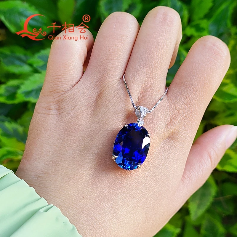 S925 Silver Fashion Oval-Shaped Pendant Necklace with Lab grown Blue Sapphire red Ruby 14x19mm with inclusion- Jewelry Accessory