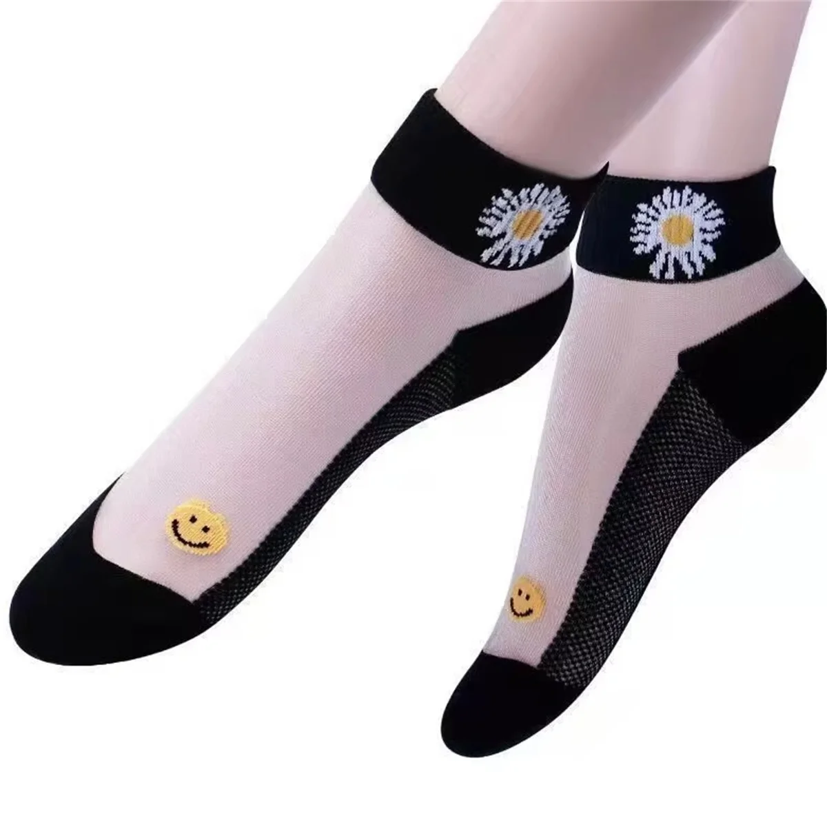 5 Pairs Daisy Pattern Socks, Soft & Lightweight Mesh Short Socks, Women's Stockings & Hosiery