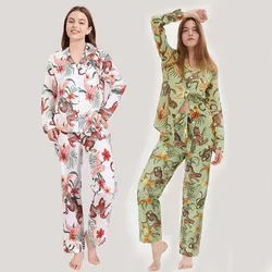 2024 Cotton Silk Comfortable and Casual Pajamas Long Sleeved Pants Home Wear Fashionable Jungle Print Loungewear Women 2 Piece