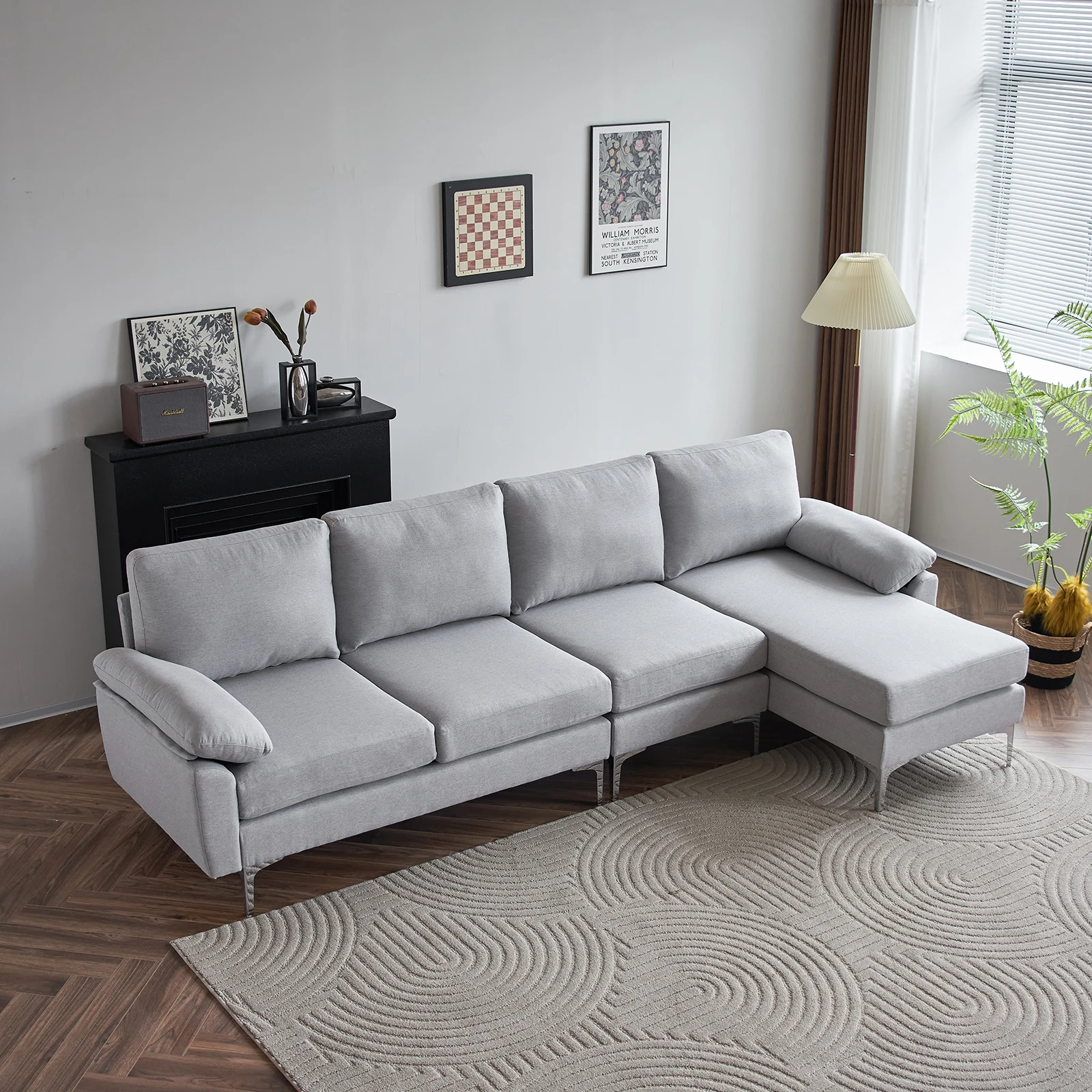 280 * 140 * 86 cm brillante en forma de L con patas de hierro sofá modular interior de 4 plazas gris claro