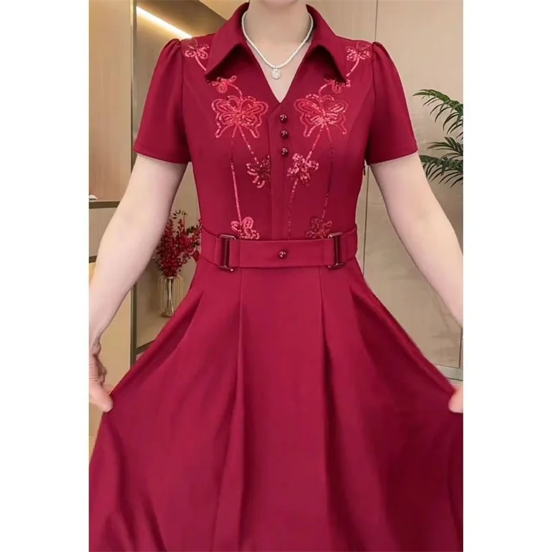 Western style dress 2024 new summer fashion high-end sequin polo collar high waisted body covering slimming mid length women's s