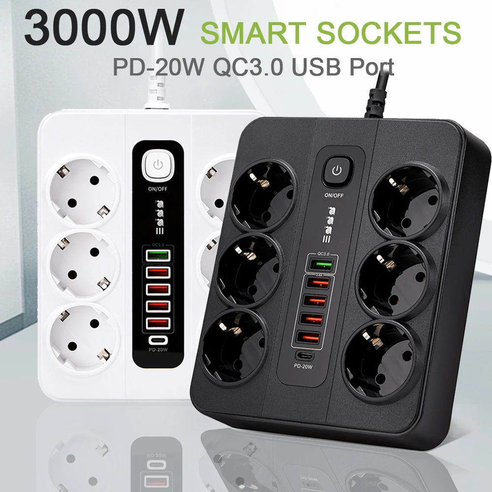 EU Power Strip AC Outlet Multiprise Extension Cord Electrical Overload Protection Socket With USB Ports Multitap Network Filter