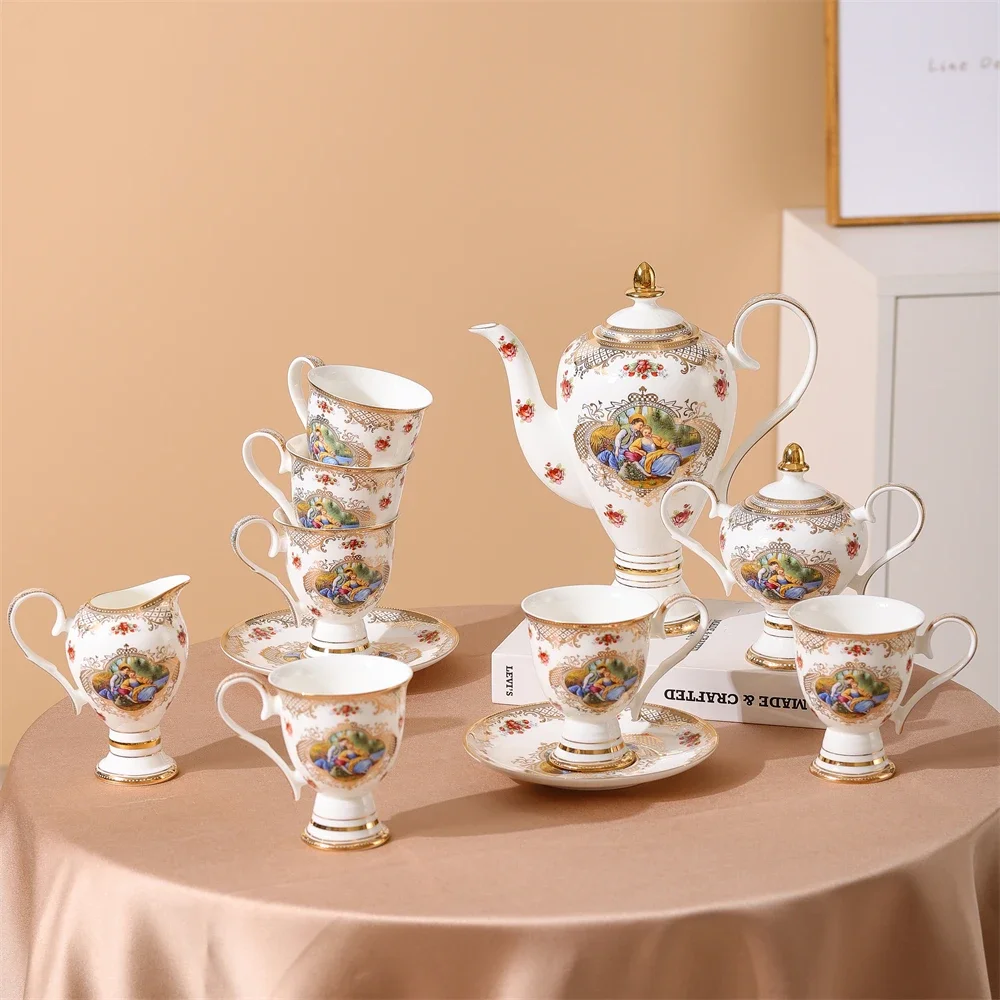 JIABAIEN 15pcs Tea Set Classical Decal Cup Saucer Sugar Pot Milk JugTea Pot Royal Style Bone China Coffee & Tea Set