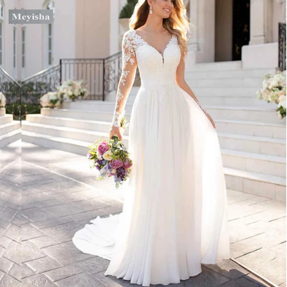 Customized ZJ9439 Elegant Wedding Dress For Women V-Neck Cap Sleeve Lace Appliques Vestido De Noiva With Button Sweep Train