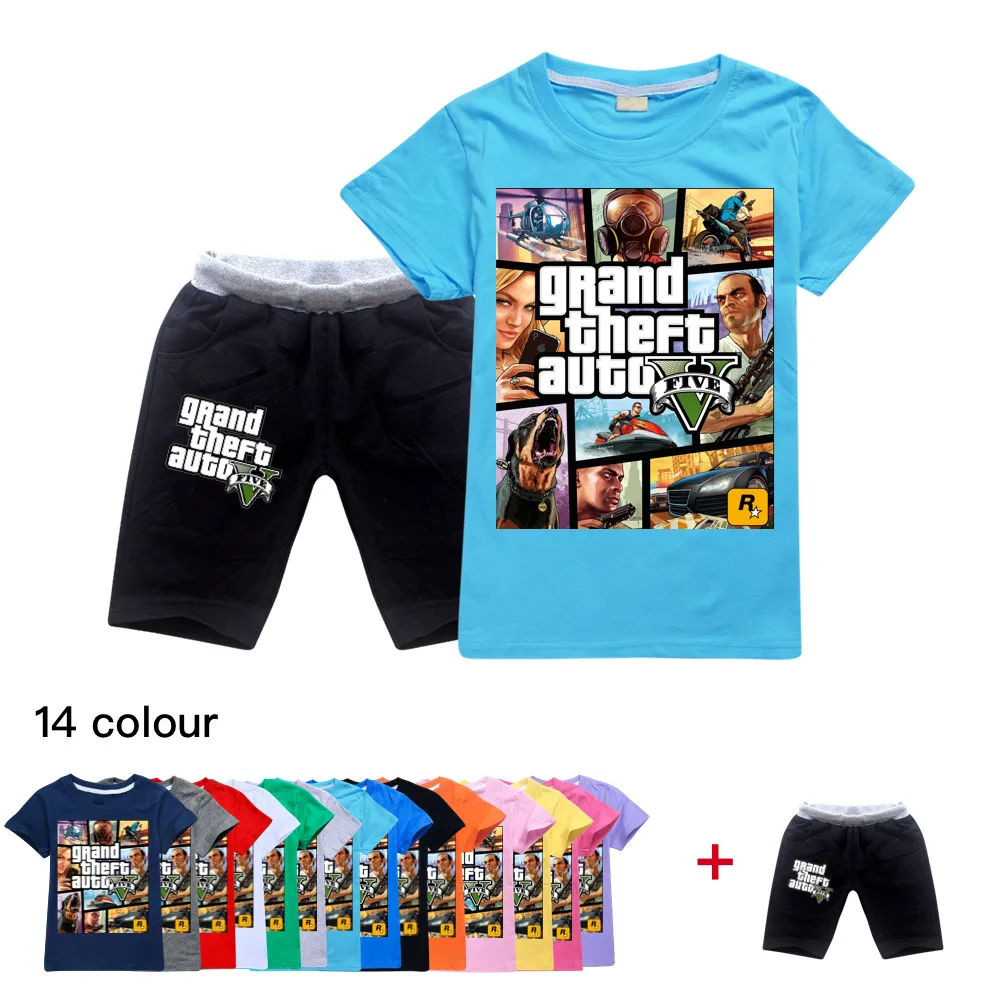 Grand Theft Auto Game GTA 5 Kids Clothes Children's Summer T-Shirt Shorts Set Girls Short Sleeve Clothing Sets Boys Sportsuits