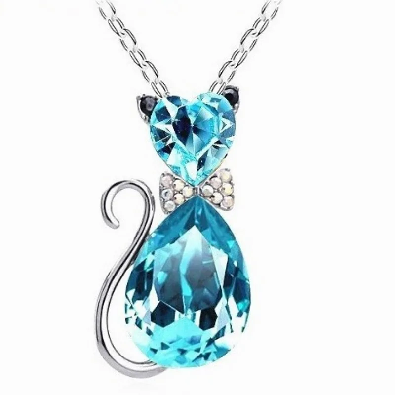 Cute Cat Pendant Shiny Austrian Crystal Pingente De Gato Bonito Brinco Huggie Real 925 Sterling Silver Necklace Women Jewelry