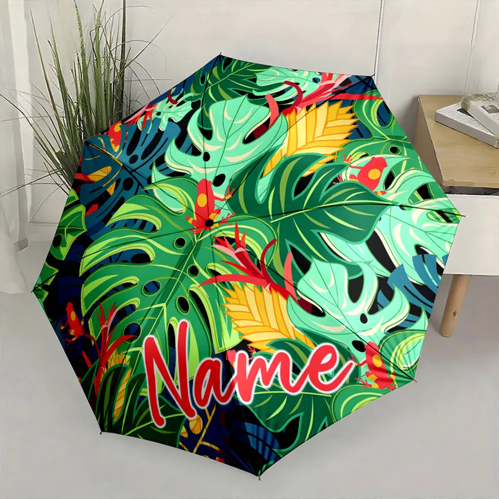 Custom Name Umbrella Tropical Jungle Leaf Pattern Umbrella Design Print 8 Iron Ribs Folding Umbrella Auto-Open Fashion Sunshade