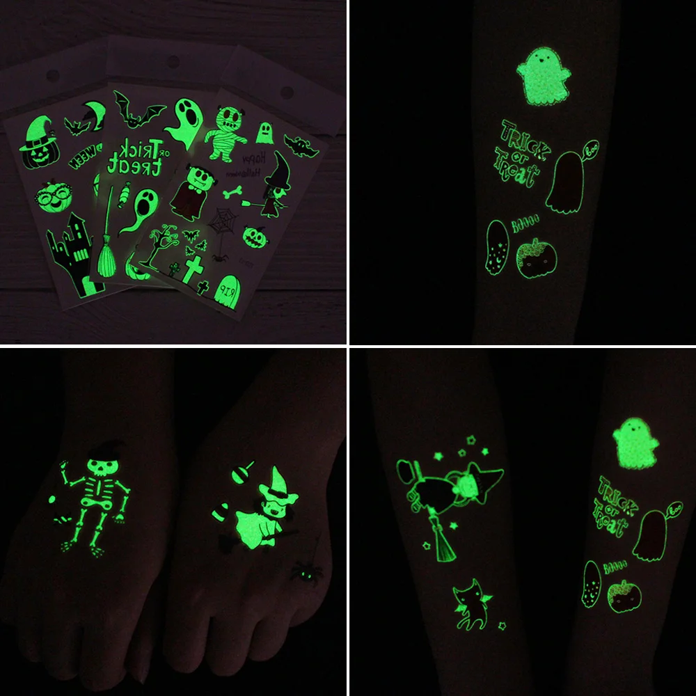 24 Blatt Leuchtende Halloween-Tattoos, Glow-in-the-Dark-Motive mit Kürbissen, Geistern und Spinnen, Halloween-Party-Zubehör – Detail 7