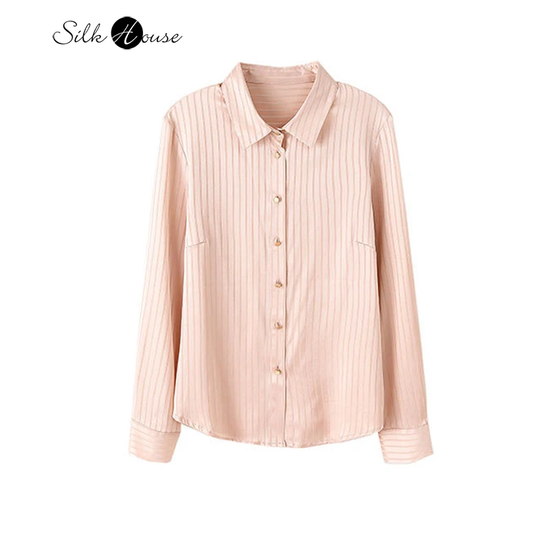 

2026 Women's Spring Office New Heavy 92% Natural Mulberry Silk Elastic Satin Solid Turn-down Collar Long Sleeve Commuter Shirt