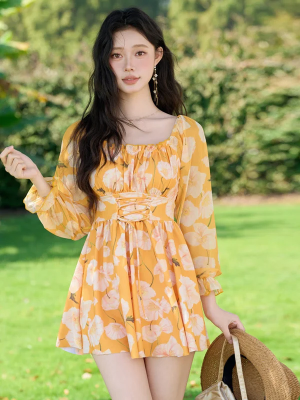 

Модный раздельный купальник с цветочным принтом и длинными рукавами для женщин, для термальных источников, пляжного отдыха и отпуска