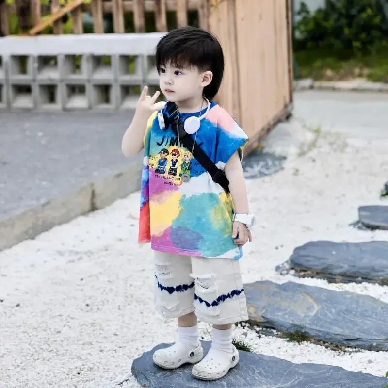 

Children's Tank Top Summer T-shirt Boy Pure Cotton Fashionable Korea Street Casual Colorful Cartoon Handsome Shirt