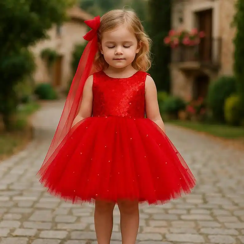 

Red Sequin One-Shoulder Tulle Dress: Toddler Party or Wedding Noel Gift for Little Girl